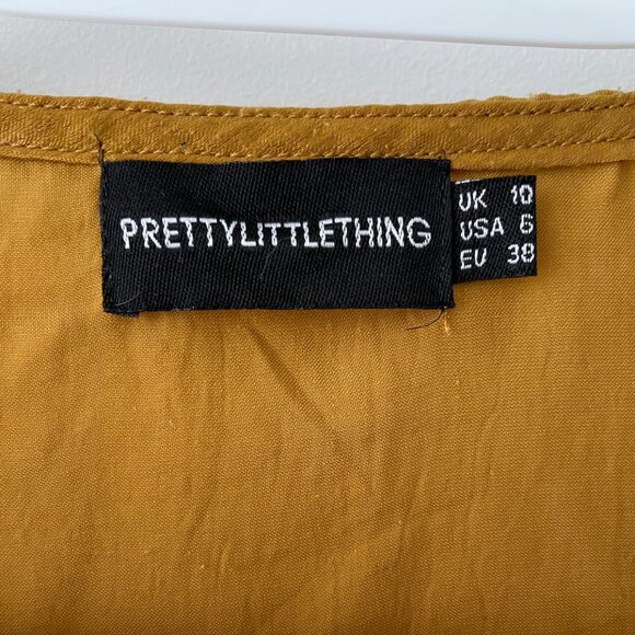 Pretty Little Thing Mustard Hammered Satin Tie Front Frill Crop Top - size US 6 - Picture 4 of 4
